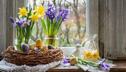 Easter decoration: spring hyacinth flowers and irises in a nest of tree branches. Handmade spring decor - a nest of tree branches
