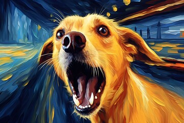 a painting of a dog with its mouth open