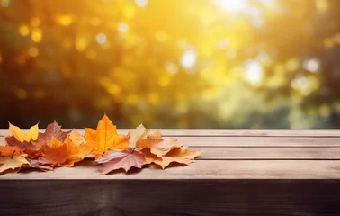 Poster autumn background with autumn leaves on wooden board, in the style of light-filled landscapes сreated with Generative Ai © Andrii Yablonskyi