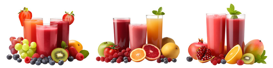 Freshly pressed Fruit vegetable juice smoothie glasses with fruits veggie toppings on transparent background cutout. PNG file. Many assorted different flavour. Mockup template for artwork design