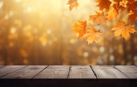 autumn background with autumn leaves on wooden board, in the style of light-filled landscapes сreated with Generative Ai