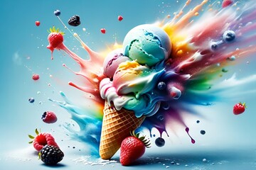 cold fruit sweet ice cream on a blue background. - Powered by Adobe