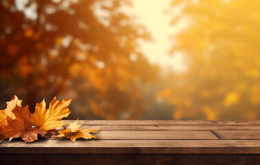 Naklejka na ściany i meble autumn background with autumn leaves on wooden board, in the style of light-filled landscapes сreated with Generative Ai