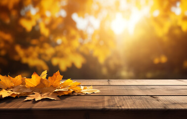 Naklejka na ściany i meble autumn background with autumn leaves on wooden board, in the style of light-filled landscapes сreated with Generative Ai