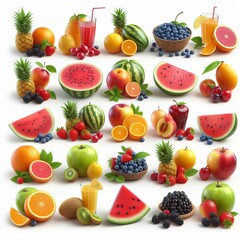 summer fruits collection, 3d render, isolated on white background
