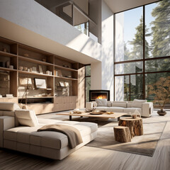 A modern living room with an open concept design, featuring an array of seating and storage options to make the most of the space