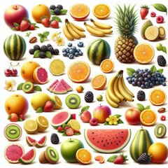 summer fruits collection, 3d render, isolated on white background
