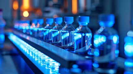 Glass bottles passing through a UV light sterilization process after being filled with a biochemical solution, ensuring purity and efficacy, Glass bottles in production, Virologist - obrazy, fototapety, plakaty