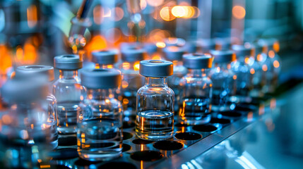 An array of glass bottles being capped automatically after being filled with an immune-boosting serum, set in a sterile pharmaceutical manufacturing environment, Glass bottles in p