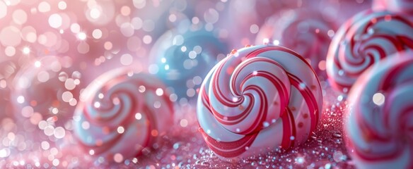 Festive red and blue candy swirls on a sparkling bokeh background, capturing a whimsical and celebratory essence.