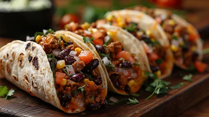 Fotobehang tacos with grilled chicken meat and veggies. Mexican food - delicious taco shells with ground beef. three mexican pork carnitas tacos on wooden round plate © Jullia