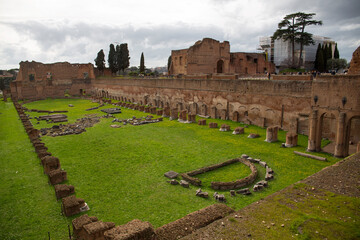 Remains of the Palatine Stadium at the Palatine hill archaeological park in Rome, Italy. It was part of Domitian's palace. 