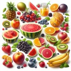 summer fruits collection, 3d render, isolated on white background
