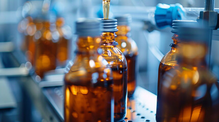 Glass bottles being filled with a pearlescent liquid, the result of collaborative efforts between virologists and biochemists to innovate new treatments, Glass bottles in productio