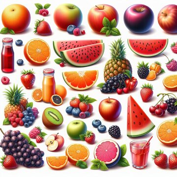 summer fruits collection, 3d render, isolated on white background

