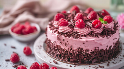 Fototapeta na wymiar Raspberry chocolate cake, Soft-focus background, warm indoor light, chocolate shavings and raspberries on top