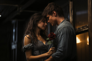 a man and woman are looking at each other and the woman is holding a rose