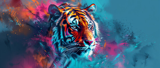 Tiger in a Whirl of Abstract Colors - obrazy, fototapety, plakaty