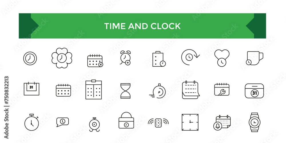 Poster set of time and clock line icons. ui icon set. time, date, and location line icon set with editable 
