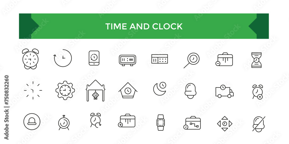 Aufkleber set of time and clock line icons. ui icon set. time, date, and location line icon set with editable 