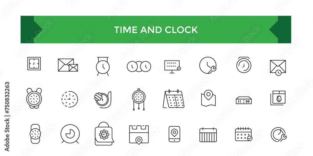 Poster set of time and clock line icons. ui icon set. time, date, and location line icon set with editable 
