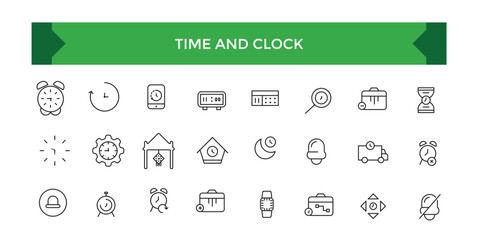 Set of Time and Clock Line Icons. UI icon set. Time, date, and location line icon set with editable stroke. Vector illustration.