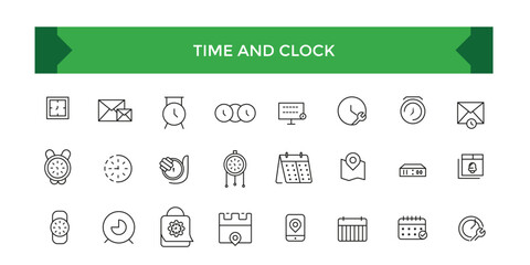 Set of Time and Clock Line Icons. UI icon set. Time, date, and location line icon set with editable stroke. Vector illustration.