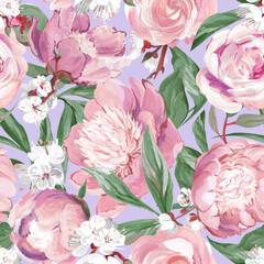 Botanical seamless pattern with peonies and sakura branches drawn in gouache