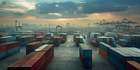 A container yard with a dark sky and a lot of containers - obrazy, fototapety, plakaty