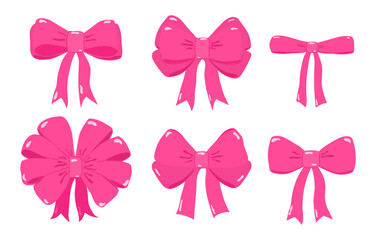 Glamorous set of pink ribbon bows drawn in hand drawn style. Decor for gifts, holidays, hair accessories - obrazy, fototapety, plakaty