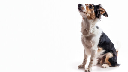 A small, black and white dog with spots looks up with an expression full of interest, against a white background