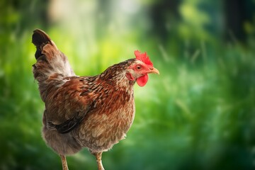 Small farm hen on green grassy field