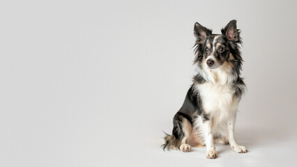 An elegant, tricolored Border Collie with a poised sitting pose against a plain background, showcasing breed standards