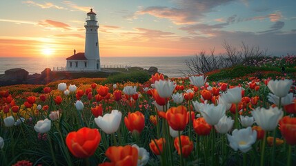 Field of Flowers With Lighthouse in Background - Powered by Adobe
