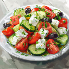 Digital art of cucumber and tomato salad with feta cheese and olives, close-up, bright colors, Mediterranean style