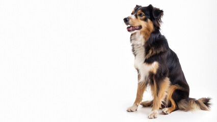Side profile of a Border Collie sitting, focused on something off-camera against a white background