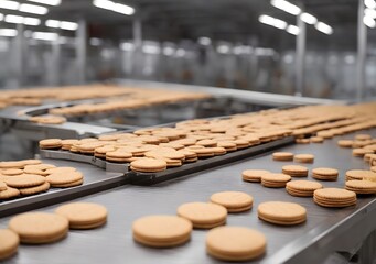 Obraz na płótnie Canvas Food cookies industry banner, biscuit production in modern factory on conveyor belt.