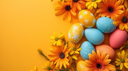 Vibrant Easter eggs among yellow daisies on a sunny background. Easter celebration with colorful...