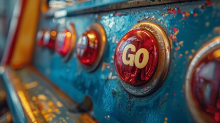 A vibrant close-up view of a red 'GO' button on an old arcade game machine with peeling paint.