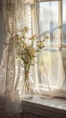 A spring bouquet in a vintage glass jar, placed on a windowsill with sunlight filtering through lace curtains. Wildflowers arranged in a clear glass jar
