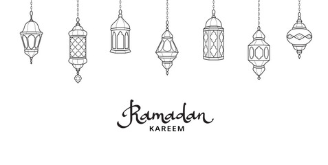 Ramadan lanterns decoration. Islamic celebration border. Hanging traditional eastern lamps isolated on white. Muslim holidays garland. Ramadan calligraphy. Vector