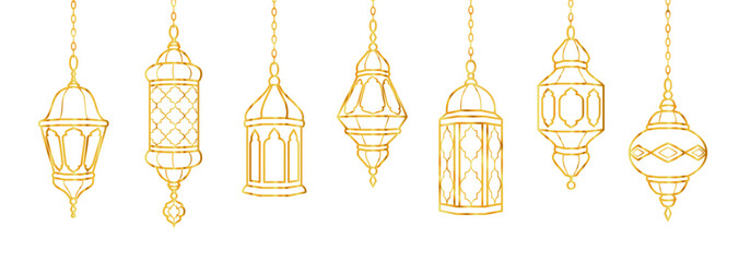 Ramadan golden lanterns decoration. Islamic celebration border. Hanging traditional eastern lamps isolated on white. Muslim holidays garland. Vector