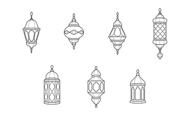 Fototapeta na wymiar Ramadan lanterns symbols. Islamic celebration line icons. Traditional eastern lamps isolated on white. Muslim holidays decoration. Vector.