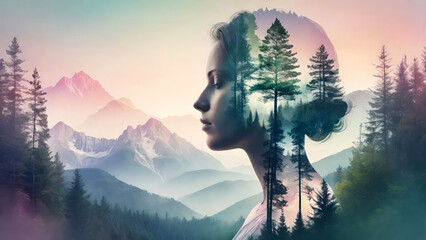 Double exposure of a woman's head with forest landscape in the background.Ecology,meditation, spirituality psychological health concept.AI generated  - obrazy, fototapety, plakaty