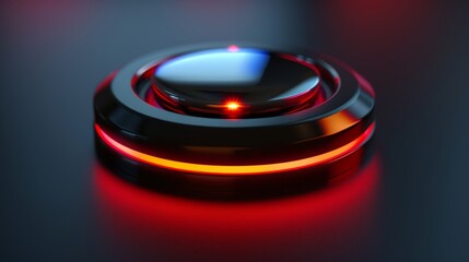 A sleek, modern circular device emits a mesmerizing glow with red and blue lights on a dark reflective surface.