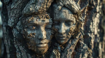 Fototapeta na wymiar An intricate sculpture of two faces intimately nestled within the grooves of tree bark, illustrating a connection with nature.