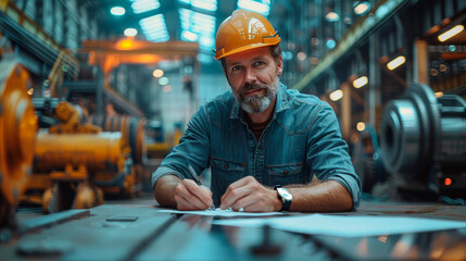 A seasoned engineer with a grizzled beard meticulously examines blueprints in a bustling factory environment. Engineer reviewing blueprints in industrial setting. Man with hard hat working at factory.