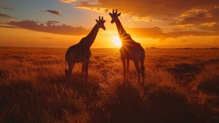 Fototapeta na wymiar Two Giraffes Standing in Field at Sunset