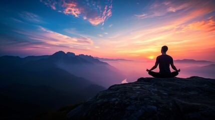 A person in lotus pose meditates on a rock with a stunning mountainous backdrop bathed in the warm hues of a setting sun. Man meditating on mountain at sunset. Serenity in nature with meditation. - obrazy, fototapety, plakaty