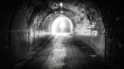 A stark silhouette stands at the bright end of an urban tunnel, with sunlight streaming in, creating a contrast between light and shadow.